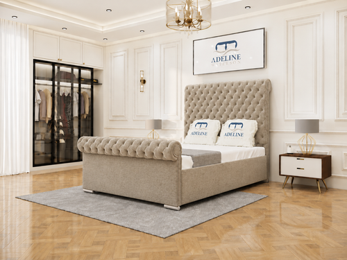 Luxury Button-Tufted Sleigh Upholstered Bed Set with Storage Drawers, Floor Standing Headboard & Footboard
