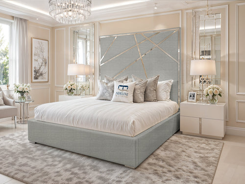 Monaco Luxe Silver Geometric Panel Upholstered Bed Set with Floor Standing Headboard, Footboard & Storage Upgrade Option