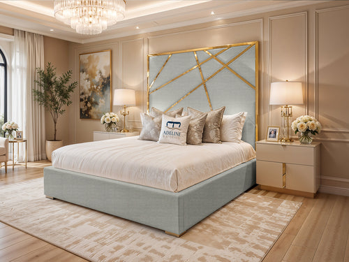 Monaco Luxe Gold Geometric Panel Upholstered Bed Set with Floor Standing Headboard, Footboard & Storage Upgrade Option