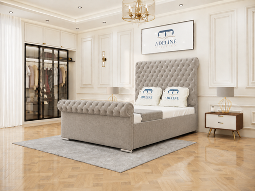 Luxury Button-Tufted Sleigh Upholstered Bed Set with Storage Drawers, Floor Standing Headboard & Footboard