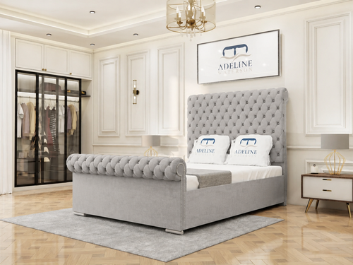 Luxury Button-Tufted Sleigh Upholstered Bed Set with Storage Drawers, Floor Standing Headboard & Footboard