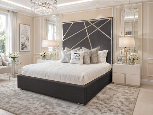 Monaco Luxe Silver Geometric Panel Upholstered Bed Set with Floor Standing Headboard, Footboard & Storage Upgrade Option
