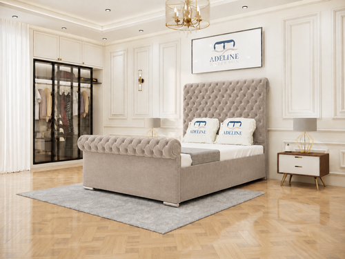 Luxury Button-Tufted Sleigh Upholstered Bed Set with Storage Drawers, Floor Standing Headboard & Footboard