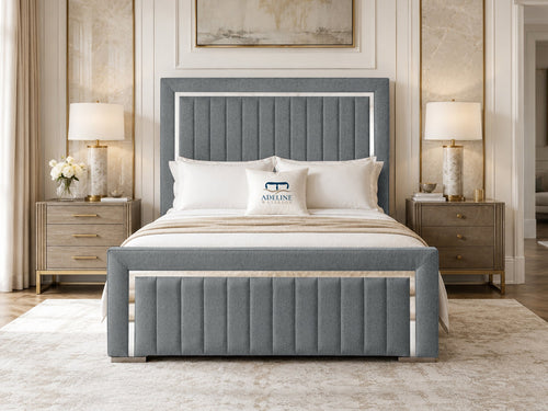 Cheshire Metallic Frame Vertical Channel Upholstered Bed Set with Floor Standing Headboard, Footboard & Storage Upgrade Option