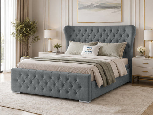 Winslet Curved Button-Tufted Wingback Upholstered Bed Set with Floor Standing Headboard, Footboard & Storage Upgrade Option