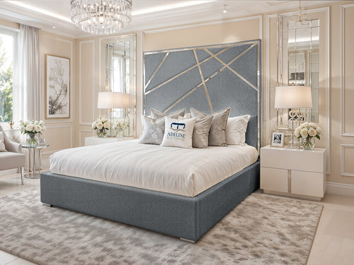 Monaco Luxe Silver Geometric Panel Upholstered Bed Set with Floor Standing Headboard, Footboard & Storage Upgrade Option