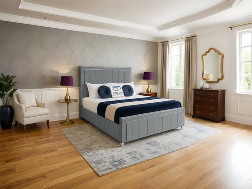 Hamilton Vertical Channel Upholstered Bed Set with Floor Standing Headboard, Footboard & Storage Upgrade Option