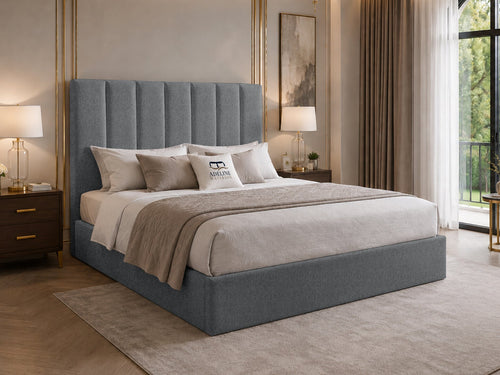 Sarah Vertical Channel Wingback Upholstered Bed Set with Floor Standing Headboard, Footboard & Storage Upgrade Option