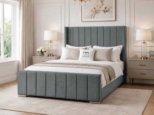 Windsor Vertical Channel Upholstered Bed Set with Floor Standing Headboard, Footboard & Storage Upgrade Option