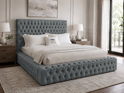 Knightsbridge Button-Tufted Wingback Upholstered Bed Set with Floor Standing Headboard, Footboard & Storage Upgrade Option