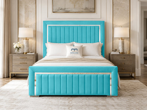Cheshire Metallic Frame Vertical Channel Upholstered Bed Set with Floor Standing Headboard, Footboard & Storage Upgrade Option