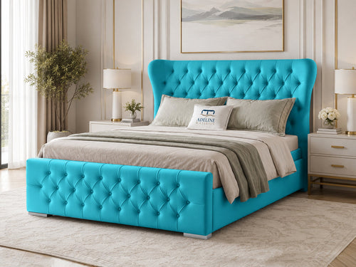 Winslet Curved Button-Tufted Wingback Upholstered Bed Set with Floor Standing Headboard, Footboard & Storage Upgrade Option