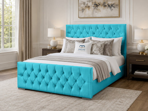 Arabella Button-Tufted Upholstered Bed Set with Floor Standing Headboard, Footboard & Storage Upgrade Option
