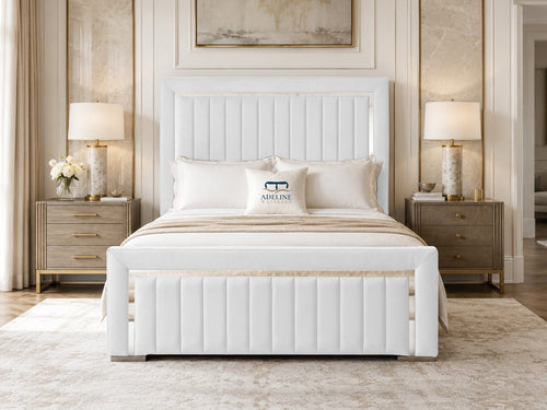 Cheshire Metallic Frame Vertical Channel Upholstered Bed Set with Floor Standing Headboard, Footboard & Storage Upgrade Option