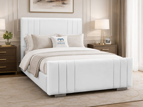 Raymond Vertical Channel Wingback Upholstered Bed Set with Floor Standing Headboard, Footboard & Storage Upgrade Option