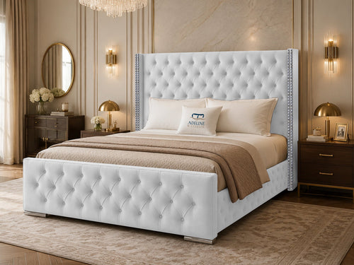 Duchess Button-Tufted Wingback Upholstered Bed Set with Floor Standing Headboard, Footboard & Storage Upgrade Option