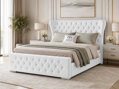 Winslet Curved Button-Tufted Wingback Upholstered Bed Set with Floor Standing Headboard, Footboard & Storage Upgrade Option