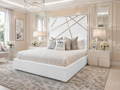 Monaco Luxe Silver Geometric Panel Upholstered Bed Set with Floor Standing Headboard, Footboard & Storage Upgrade Option