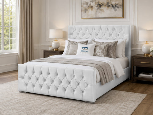 Arabella Button-Tufted Upholstered Bed Set with Floor Standing Headboard, Footboard & Storage Upgrade Option