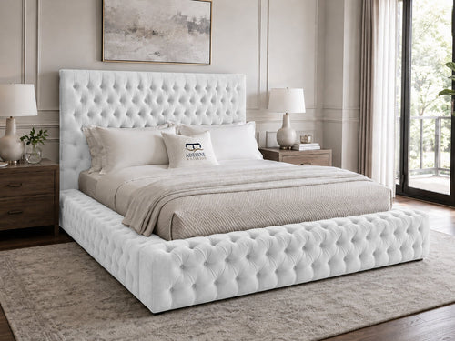 Knightsbridge Button-Tufted Wingback Upholstered Bed Set with Floor Standing Headboard, Footboard & Storage Upgrade Option