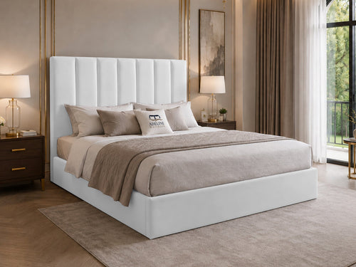 Sarah Vertical Channel Wingback Upholstered Bed Set with Floor Standing Headboard, Footboard & Storage Upgrade Option