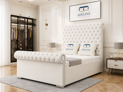 Luxury Button-Tufted Sleigh Upholstered Bed Set with Storage Drawers, Floor Standing Headboard & Footboard