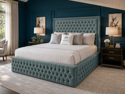 Alderton Chesterfield Upholstered Bed Set with Floor Standing Headboard, Footboard & Storage Upgrade Option