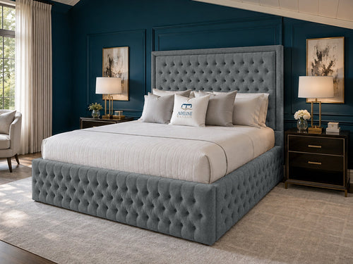 Alderton Chesterfield Upholstered Bed Set with Floor Standing Headboard, Footboard & Storage Upgrade Option