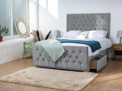 Alisa Button-Tufted Divan Bed Set with Storage Drawers, Floor Standing Headboard & Footboard