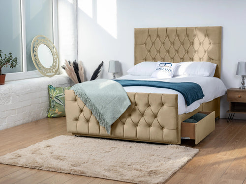 Alisa Button-Tufted Divan Bed Set with Storage Drawers, Floor Standing Headboard & Footboard