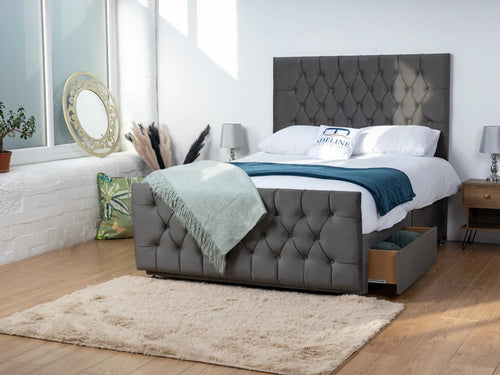 Alisa Button-Tufted Divan Bed Set with Storage Drawers, Floor Standing Headboard & Footboard