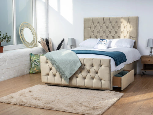 Alisa Button-Tufted Divan Bed Set with Storage Drawers, Floor Standing Headboard & Footboard