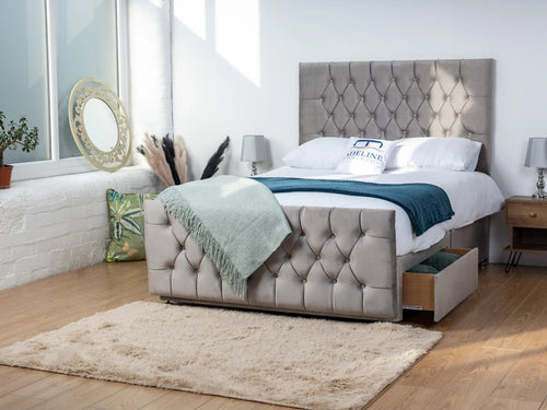 Alisa Button-Tufted Divan Bed Set with Storage Drawers, Floor Standing Headboard & Footboard