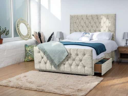 Alisa Button-Tufted Divan Bed Set with Storage Drawers, Floor Standing Headboard & Footboard