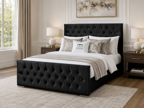 Arabella Button-Tufted Upholstered Bed Set with Floor Standing Headboard, Footboard & Storage Upgrade Option