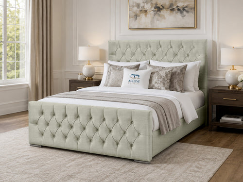 Arabella Button-Tufted Upholstered Bed Set with Floor Standing Headboard, Footboard & Storage Upgrade Option