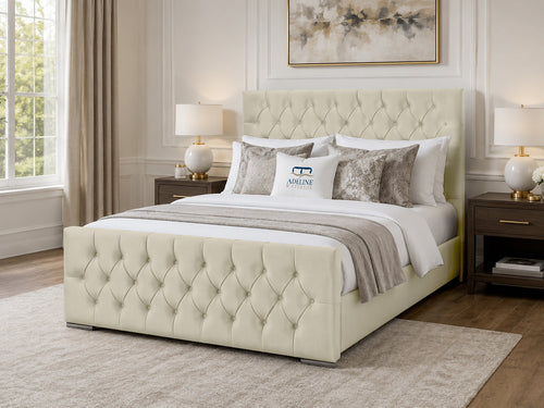 Arabella Button-Tufted Upholstered Bed Set with Floor Standing Headboard, Footboard & Storage Upgrade Option
