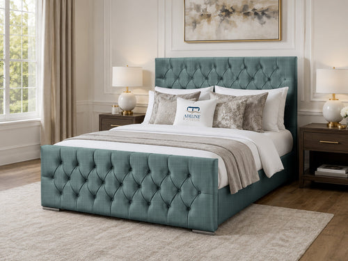 Arabella Button-Tufted Upholstered Bed Set with Floor Standing Headboard, Footboard & Storage Upgrade Option
