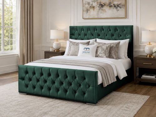 Arabella Button-Tufted Upholstered Bed Set with Floor Standing Headboard, Footboard & Storage Upgrade Option