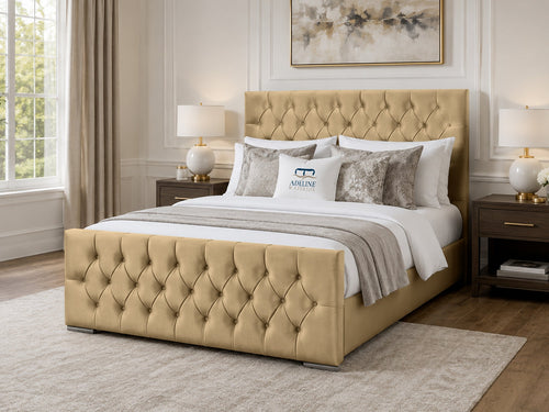 Arabella Button-Tufted Upholstered Bed Set with Floor Standing Headboard, Footboard & Storage Upgrade Option
