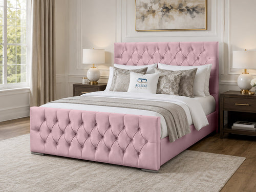 Arabella Button-Tufted Upholstered Bed Set with Floor Standing Headboard, Footboard & Storage Upgrade Option