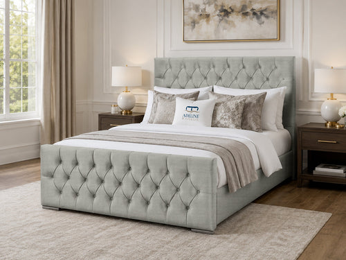 Arabella Button-Tufted Upholstered Bed Set with Floor Standing Headboard, Footboard & Storage Upgrade Option