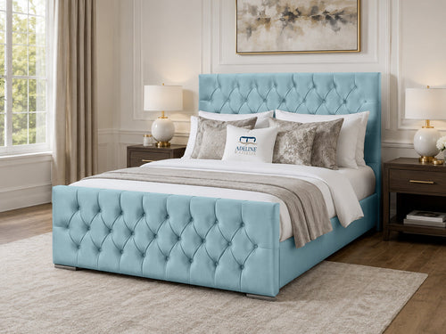 Arabella Button-Tufted Upholstered Bed Set with Floor Standing Headboard, Footboard & Storage Upgrade Option