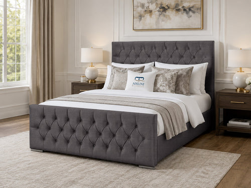 Arabella Button-Tufted Upholstered Bed Set with Floor Standing Headboard, Footboard & Storage Upgrade Option