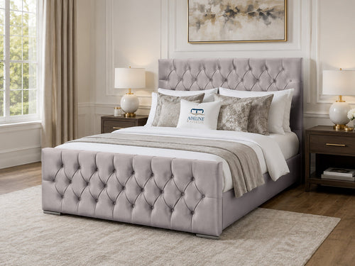 Arabella Button-Tufted Upholstered Bed Set with Floor Standing Headboard, Footboard & Storage Upgrade Option