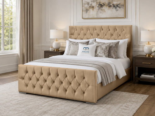 Arabella Button-Tufted Upholstered Bed Set with Floor Standing Headboard, Footboard & Storage Upgrade Option