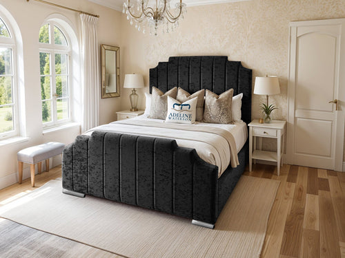 Arizona Scalloped Vertical Channel Upholstered Bed Set with Floor Standing Headboard, Footboard & Storage Upgrade Option