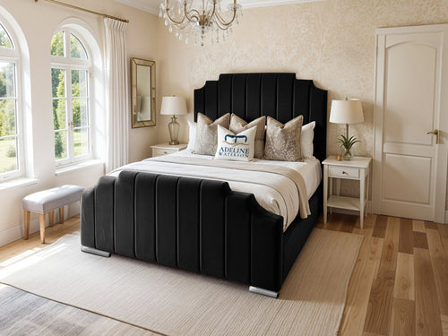 Arizona Scalloped Vertical Channel Upholstered Bed Set with Floor Standing Headboard, Footboard & Storage Upgrade Option