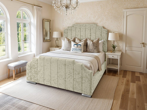 Arizona Scalloped Vertical Channel Upholstered Bed Set with Floor Standing Headboard, Footboard & Storage Upgrade Option