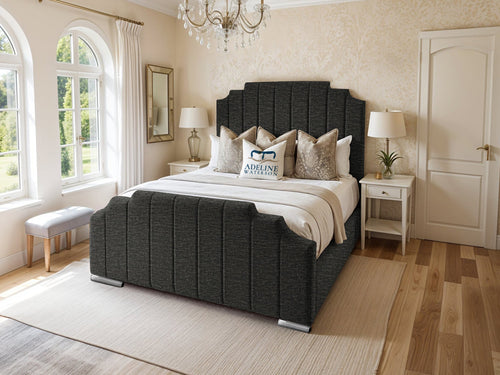 Arizona Scalloped Vertical Channel Upholstered Bed Set with Floor Standing Headboard, Footboard & Storage Upgrade Option